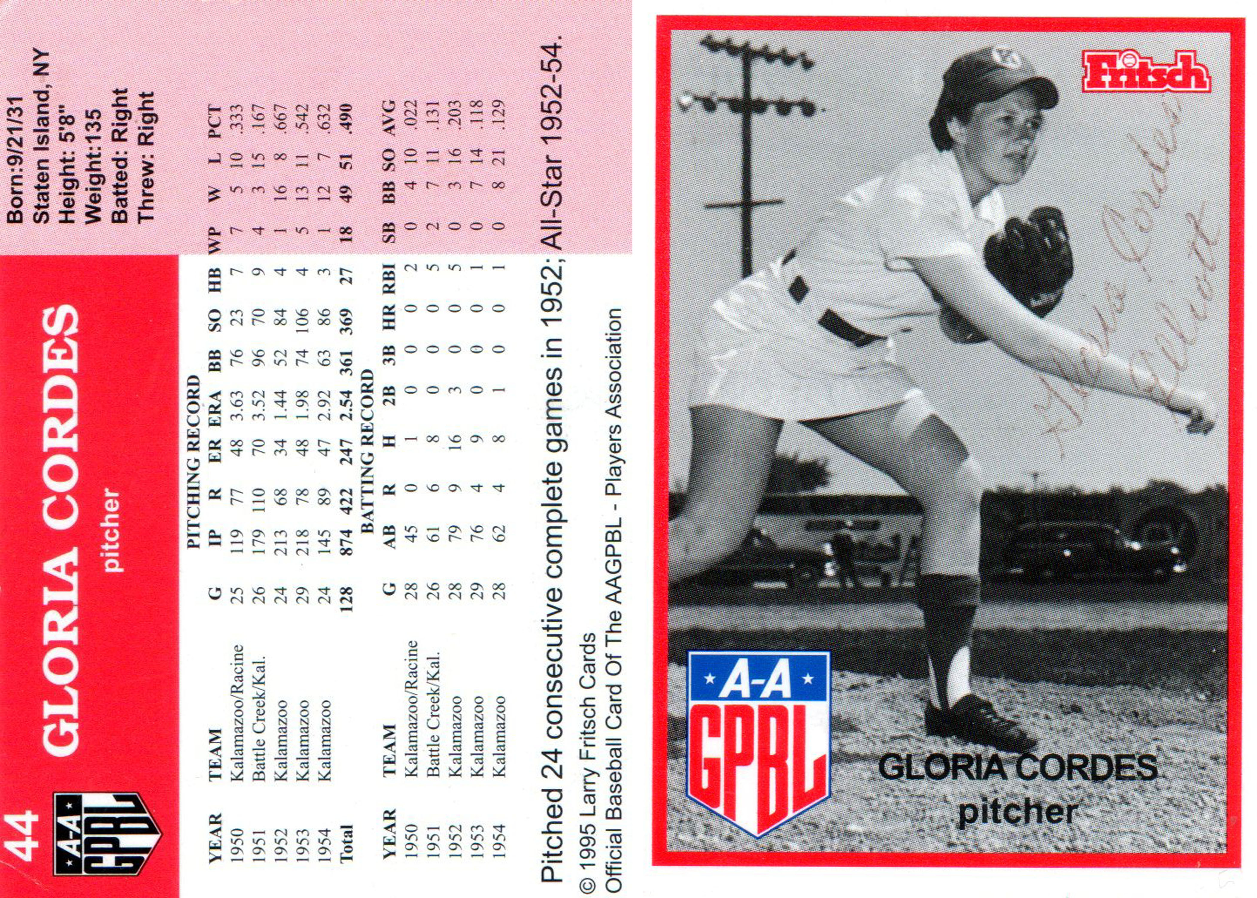 Gloria Cordes Elliott Baseball Card (Front & Back)