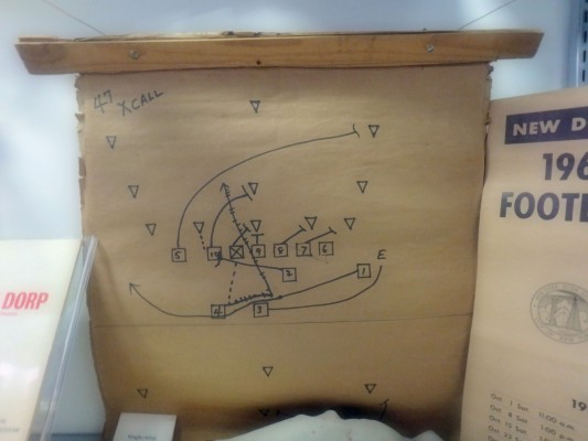 Sal Somma’s 1950s Single Wing playbook, hand drawn on brown paper.